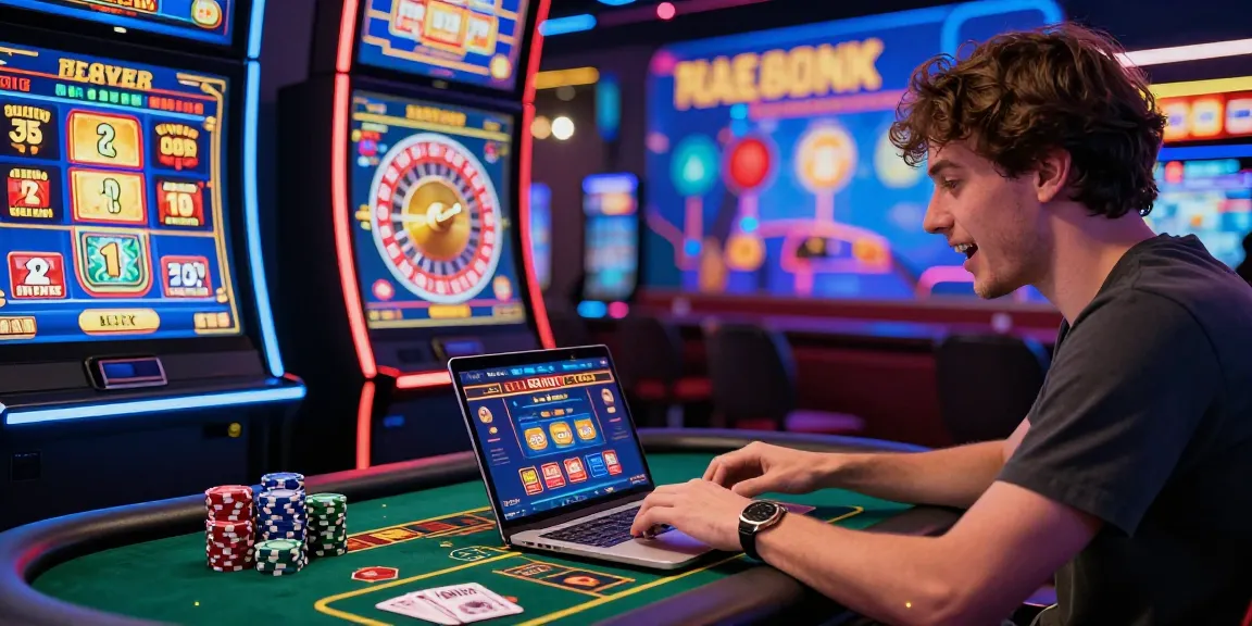 Engaging player at a lively online casino, enjoying gaming at casinos that accept credit cards with colorful slot machines and dynamic gameplay.