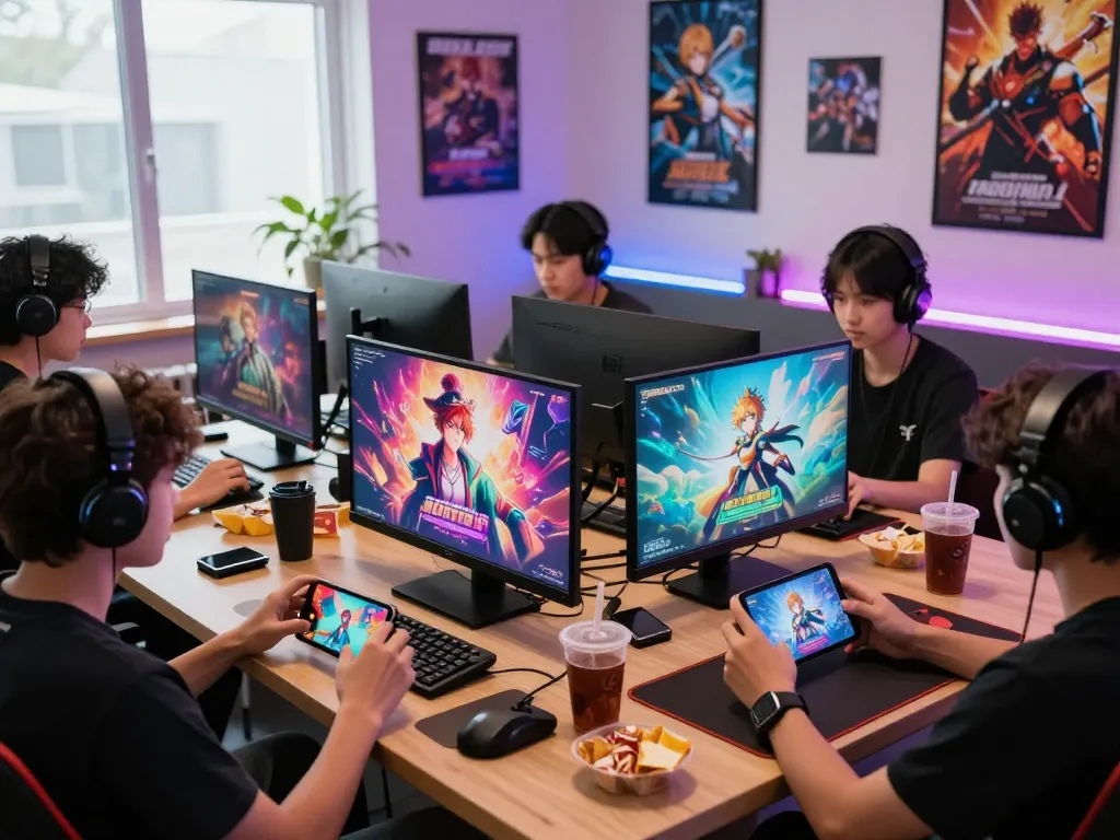 Players enjoying porngames in a vibrant gaming setup with diverse characters and devices.