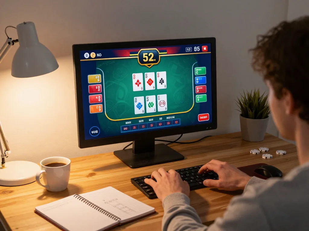 Player enjoying a GO88 poker game on a laptop, surrounded by strategic notes and coffee, in a cozy home setting.