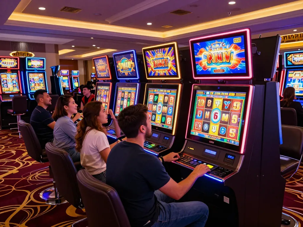Players watching slot gacor reels spin, excitement building in a colorful casino environment.