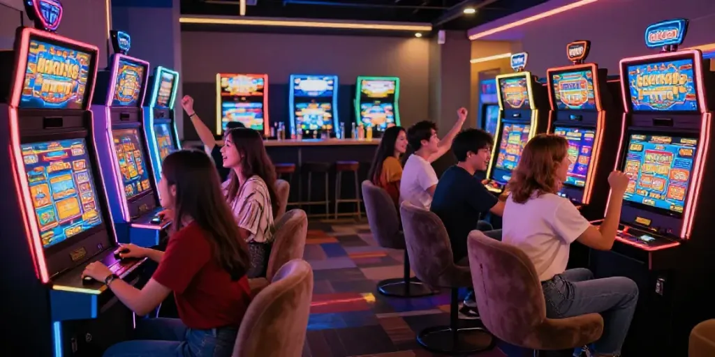 Exciting gaming lounge with friends enjoying loket88 slot machines and vibrant atmosphere.