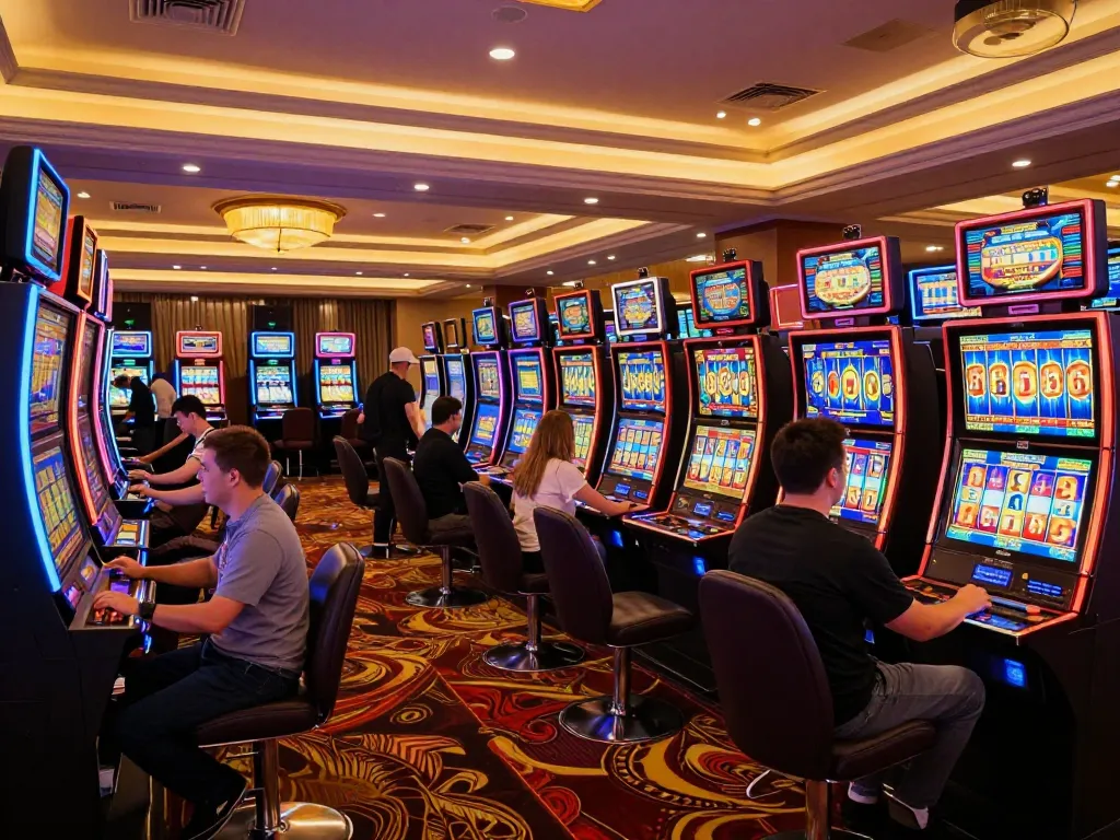 Engaged players enjoying slot online games amidst a lively casino atmosphere
