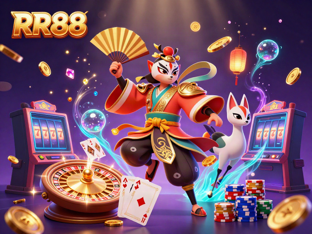 Experience the thrilling gaming atmosphere at RR88 with a vibrant display of casino elements and character interactions.