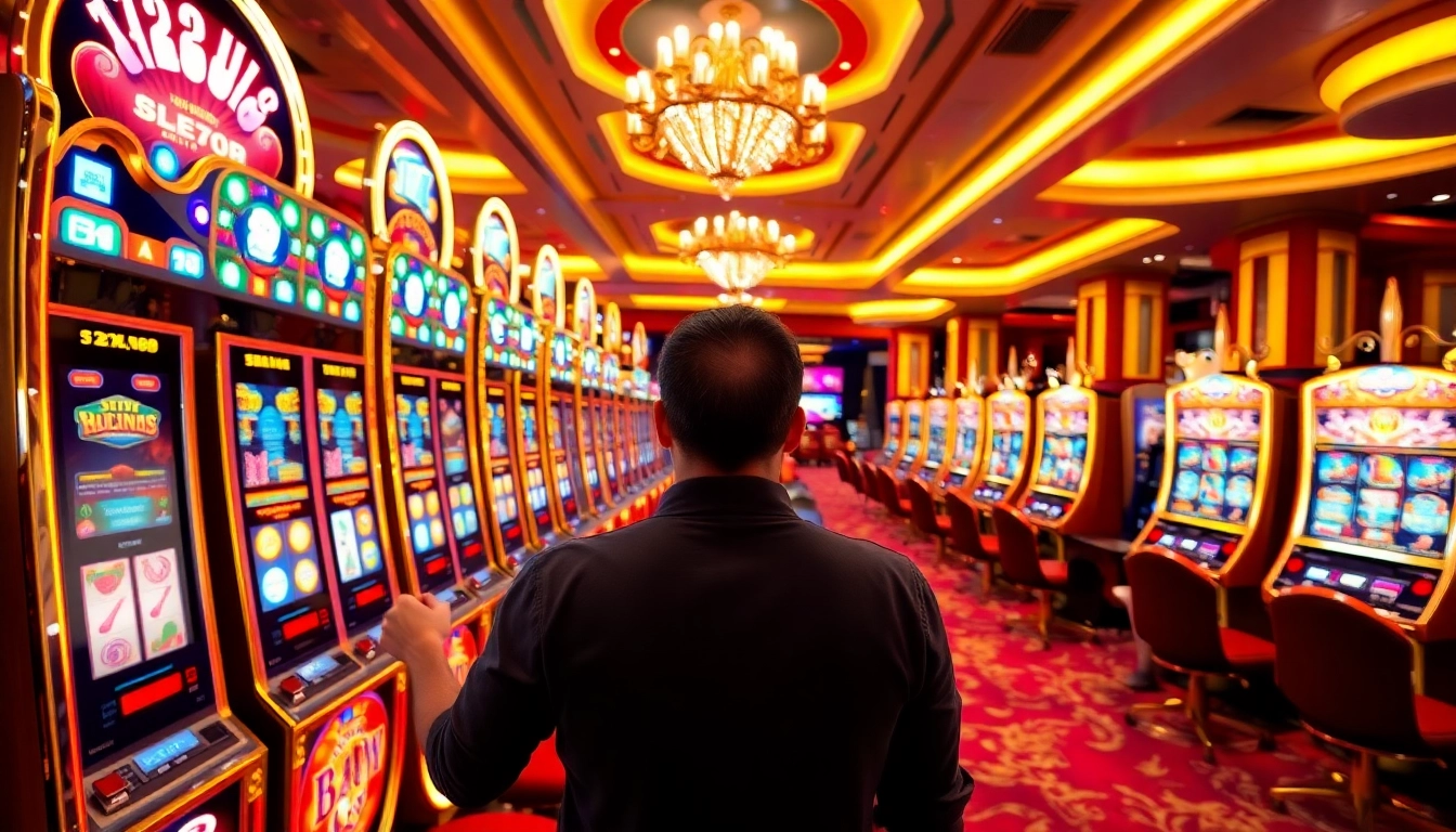 Pemain yang menikmati mesin slot yang berwarna-warni di kasino aman788, menunjukkan kegembiraan dan kemewahan dalam pengalaman perjudian.