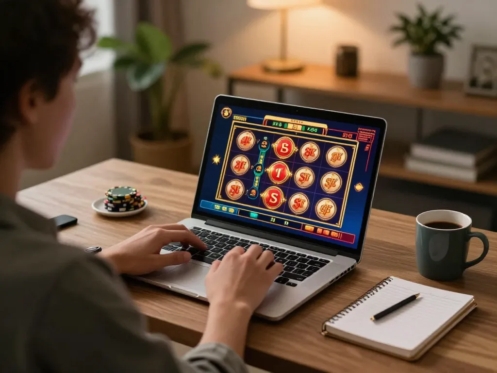 Engaging online gaming experience on goal123.ac with a player focused on slot game strategy at home.