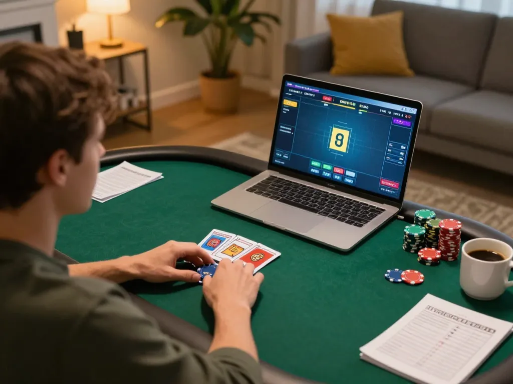 Player enjoying poker on 88xx online platform in a cozy home setting with strategy notes.