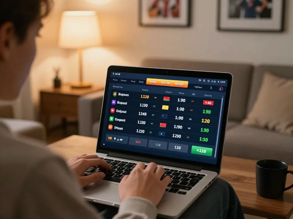Engaging online sports betting scene with soi kèo nhà cái displayed prominently on the laptop screen, highlighting strategic betting decisions.