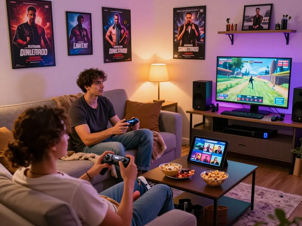 Engaged adults playing porngames on a gaming console and tablet, surrounded by snacks in a cozy gaming room.