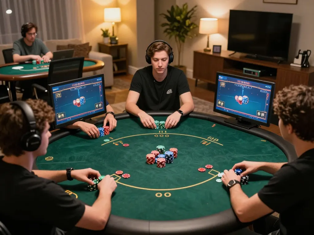 Engage in strategies while enjoying the playstation-experience at an online poker game.