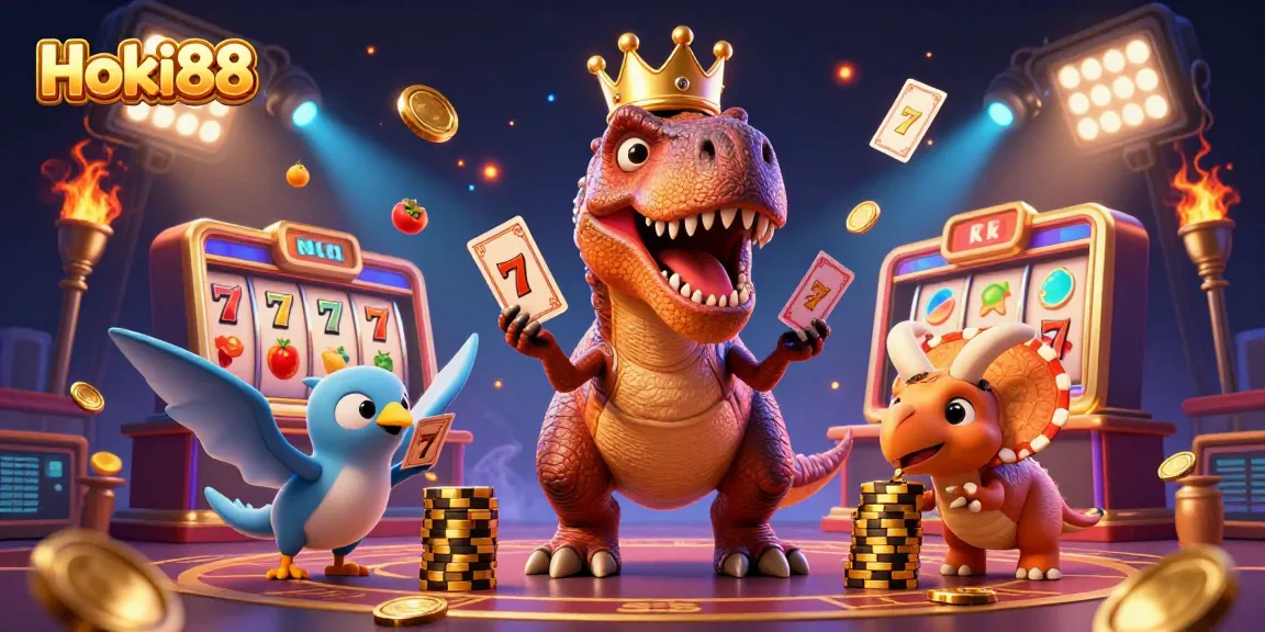 Hoki88 menampilkan T-Rex lucu bermain kartu sambil dikelilingi slot berkualitas tinggi.