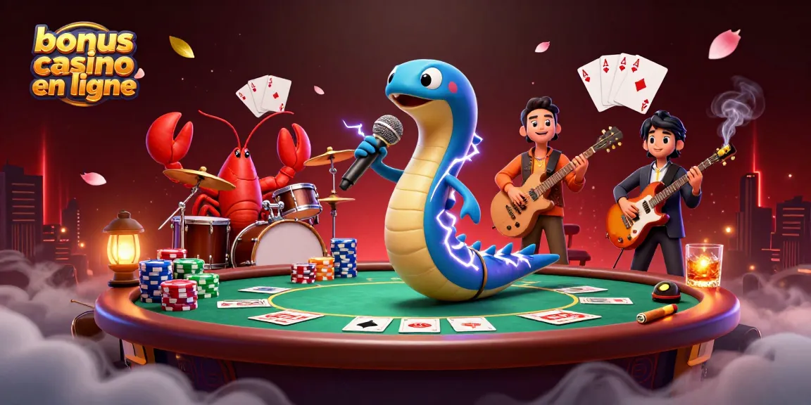 Engage with the vibrant underwater casino scene featuring a DJ electric eel performing with a lobster drummer and seahorse guitarist, illustrating bonus casino en ligne.