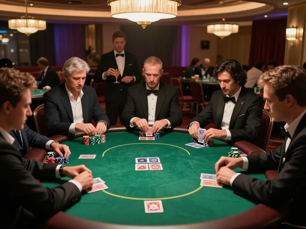 Engaged players at a maxpoker88 game night analyzing poker strategies at an elegant table.