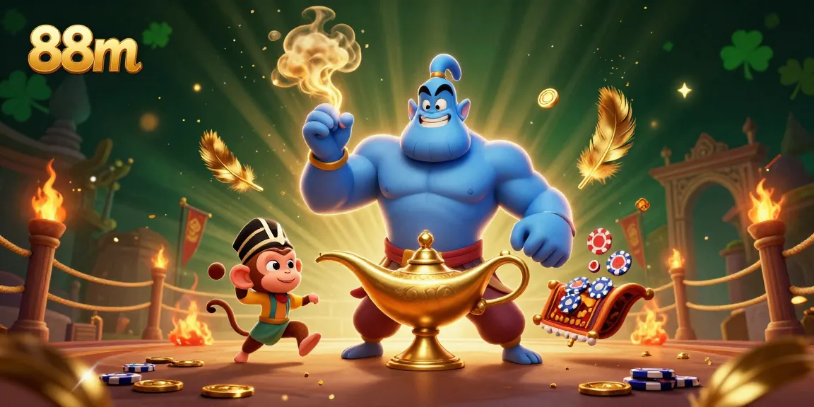 Engage with the thrilling atmosphere of 88m as a magical genie and monkey play amidst swirling poker chips.