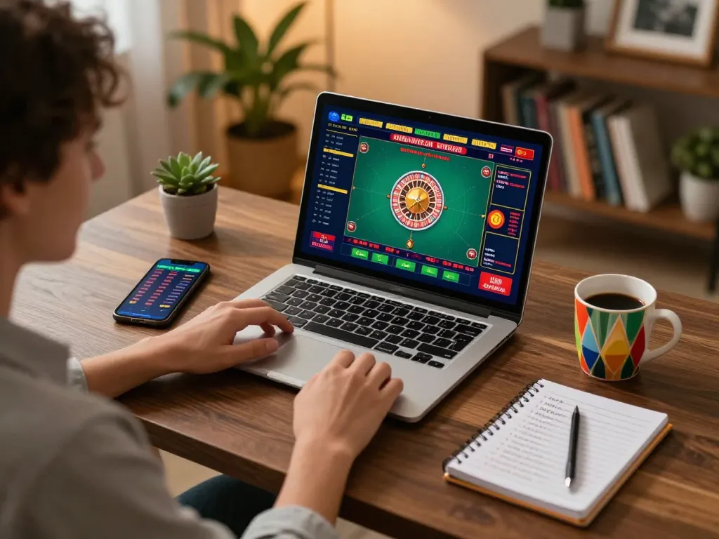 Person playing 22LUCK8 online casino on a laptop, showcasing vibrant gaming atmosphere and responsible gambling.