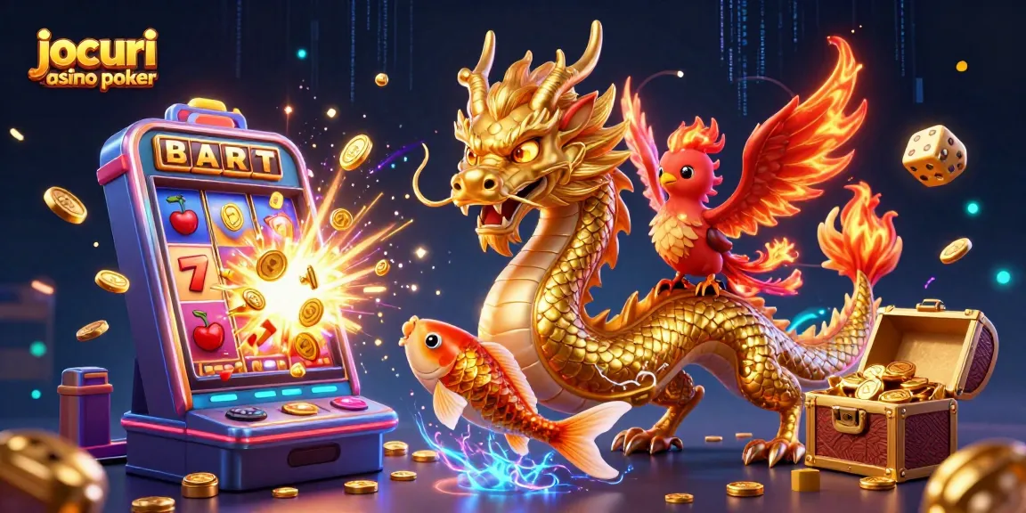 Joacă jocuri casino poker cu dragonul zburdalnic și simboluri strălucitoare de jackpoturi pline de monede.