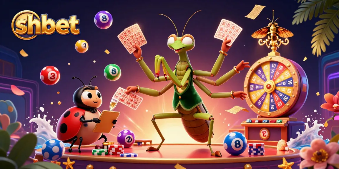 Engage with shbet at a lively 3D casino scene featuring a giant mantis and vibrant game elements.