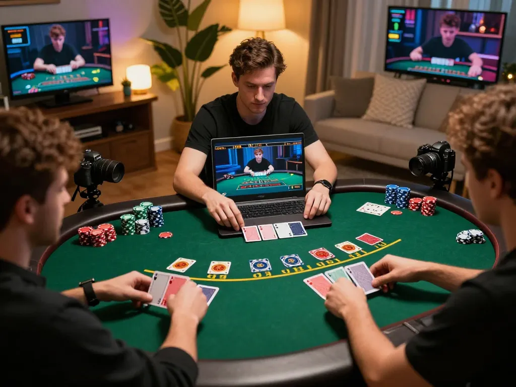 Bet88 player enjoying a thrilling online blackjack game, showcasing strategic decisions in a cozy home setup