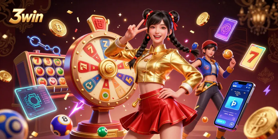 Engage with the vibrant energy of the 3win casino featuring slot reels and neon coins!
