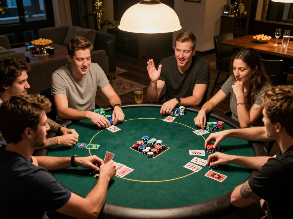 Engaged players experiencing poker action at home during a slot depo 5k game night, dynamic gameplay atmosphere.