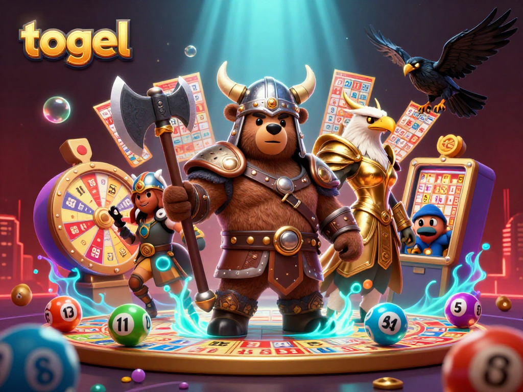 Engage in exciting togel with a vibrant 3D lottery scene showcasing unique characters and colorful elements.
