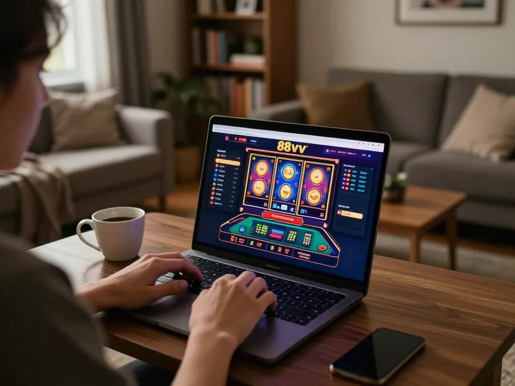 Player engaged in online casino gaming with 88vv on laptop, cozy home setup
