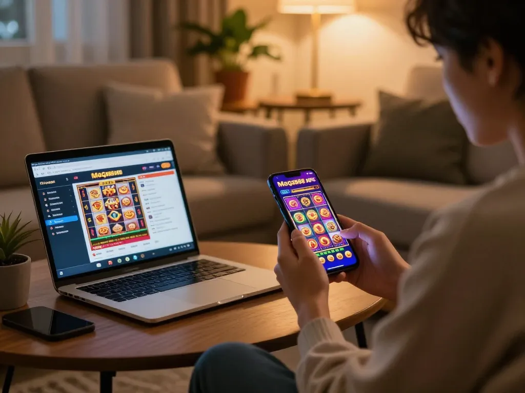 Mega888 APK mobile gaming action with player engaged on smartphone in cozy home setup.