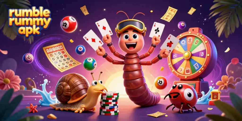 Experience the thrilling world of Rumble Rummy APK with colorful game elements and vibrant characters.