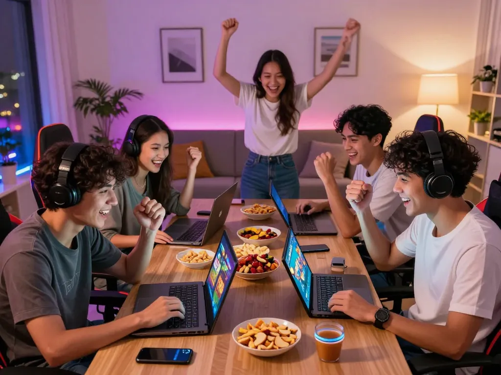 Friends enjoying zeus138 slot gacor games in a lively gaming room, celebrating wins.