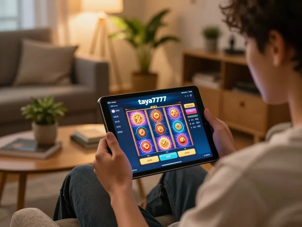 TAYA777app user engaging with online slots in a cozy home setting.
