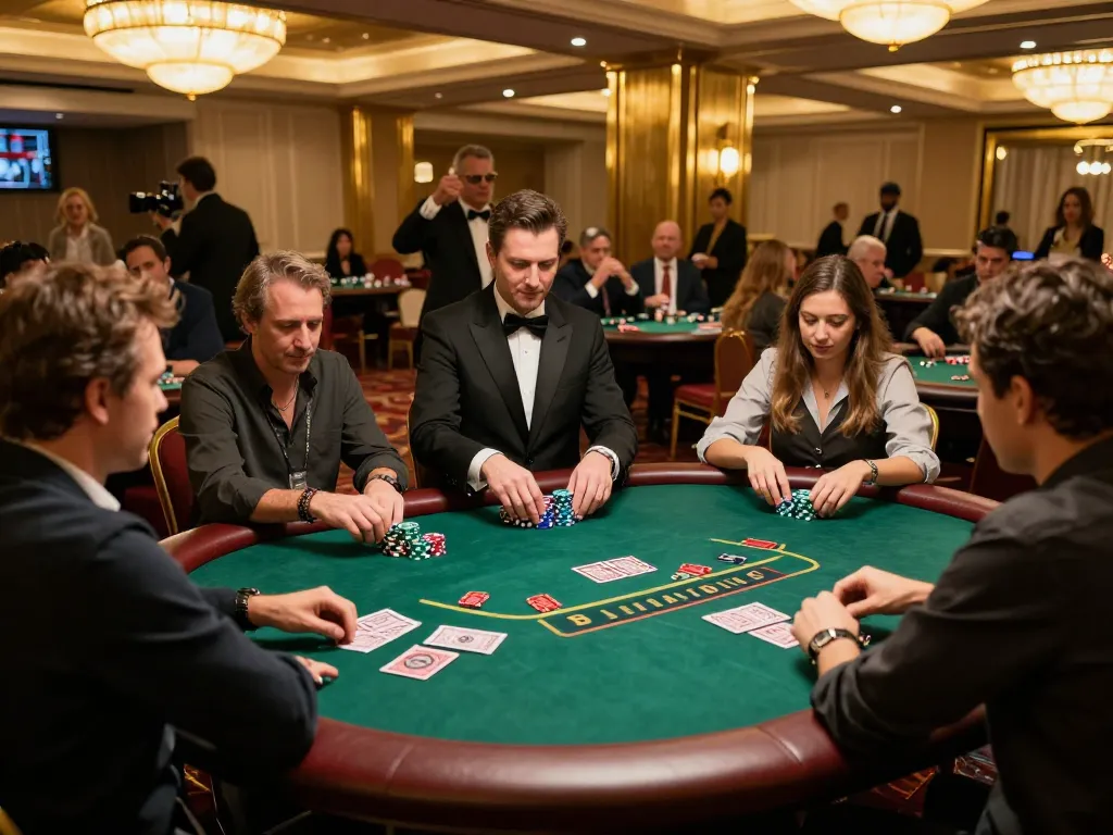 B52 CLUB poker players strategizing their game on a vibrant casino floor with luxurious decor.