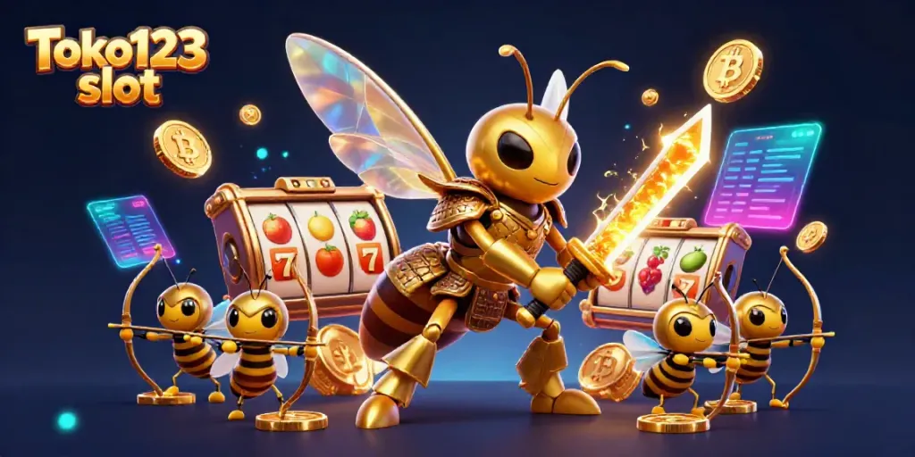 Toko123 slot showcases vibrant slot reels and golden hornet characters in a colorful casino illustration.