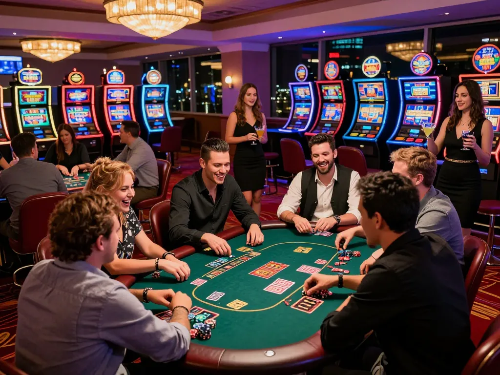 Diverse friends enjoying a high-stakes poker game at https://rr99.it.com/ casino, vibrant lights and excitement surround them.
