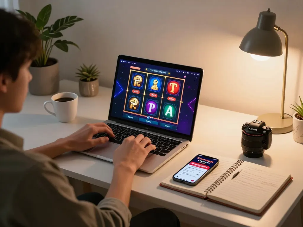 Orang yang terlibat menggunakan aplikasi kasino online Bintangmpo di laptop dalam suasana kantor rumah yang nyaman