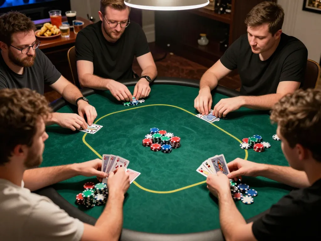 Friends play Texas Hold'em poker in a friendly home setting, showcasing non gamstop gameplay excitement.