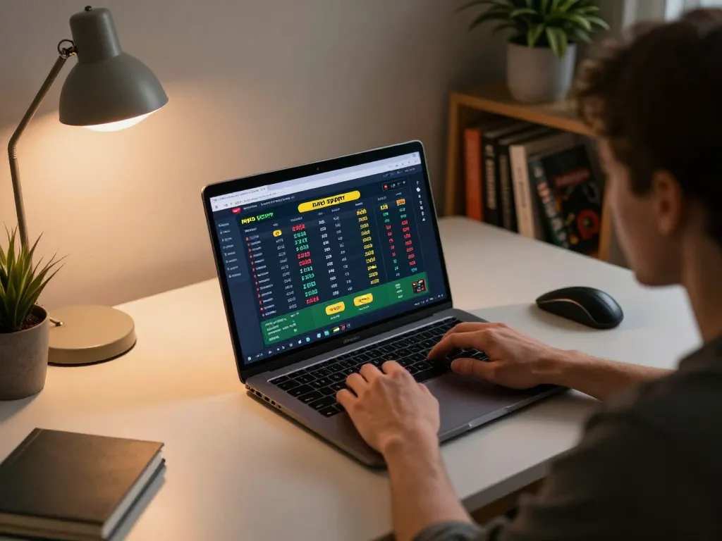 Engaged player using mpo sport platform for online sports betting with laptop.