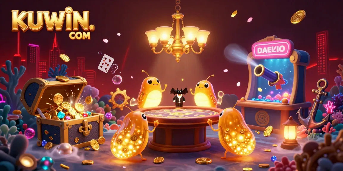 Engage in thrilling gameplay at KUWIN. COM featuring a lively 3D underwater casino with glowworms as lighting and exciting game elements.