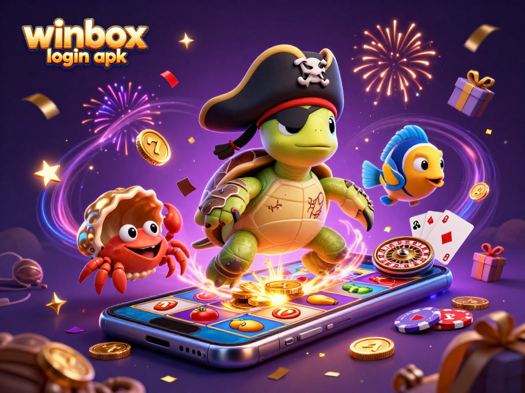 Engage in thrilling gameplay with winbox login apk, featuring a cartoon pirate turtle and vibrant casino elements.