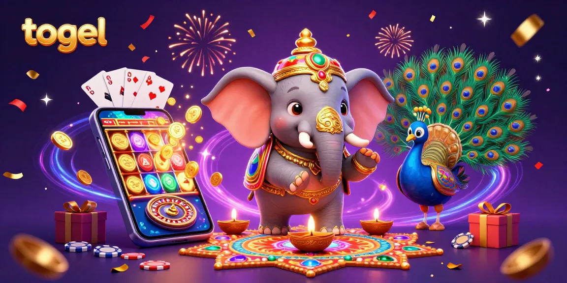 Togel online betting scene with a playful elephant and slot game elements, capturing excitement and joy.