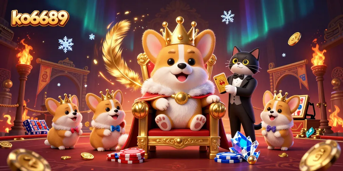 Experience vibrant gameplay at ko6689 with a royal corgi on a poker chip throne amidst slot reels and gold.