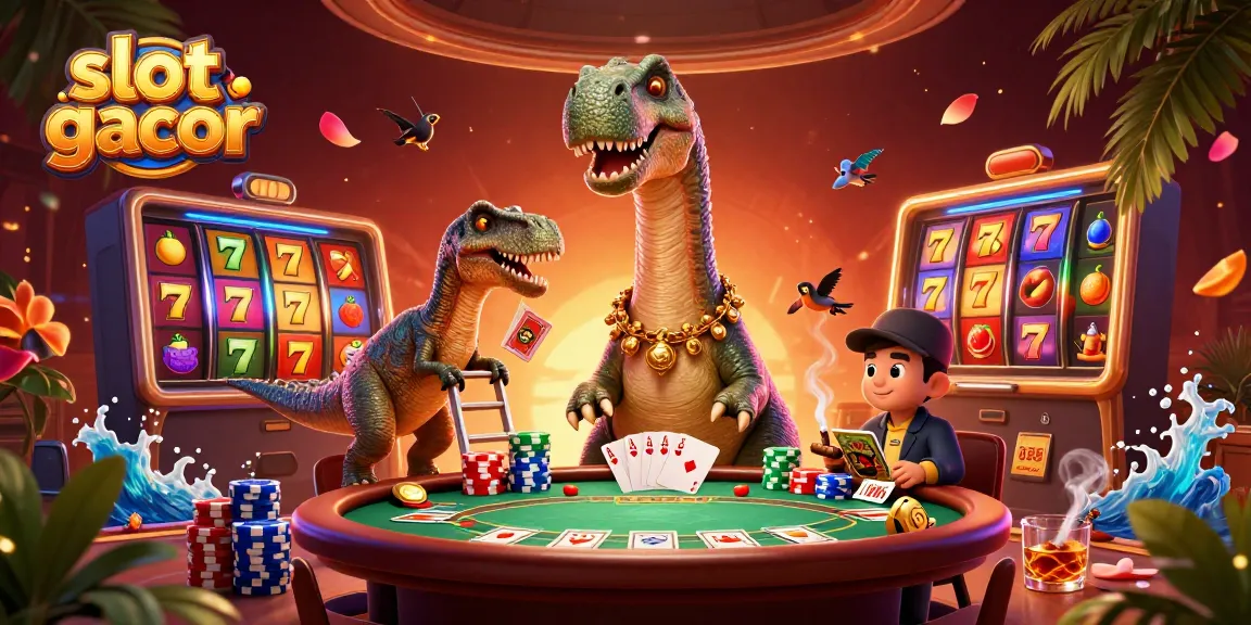 Experience thrilling slot gacor excitement as dinosaurs deal cards over a vibrant casino backdrop.