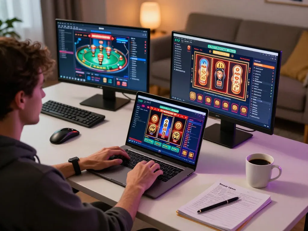 Engaging with diverse games on lu88. com through a modern home setup, emphasizing responsible gambling.