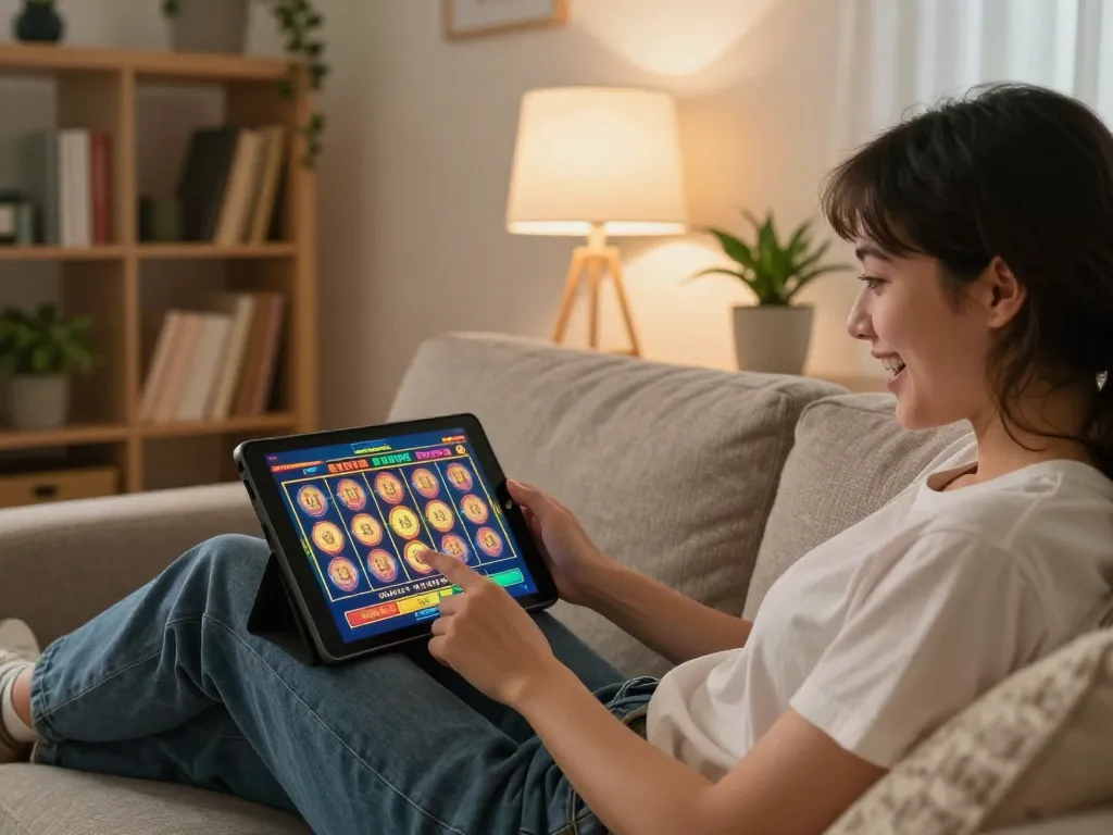 Sesi permainan online yang menarik dengan seorang pemain menikmati permainan slot fly-nepal di tablet di rumah yang nyaman.