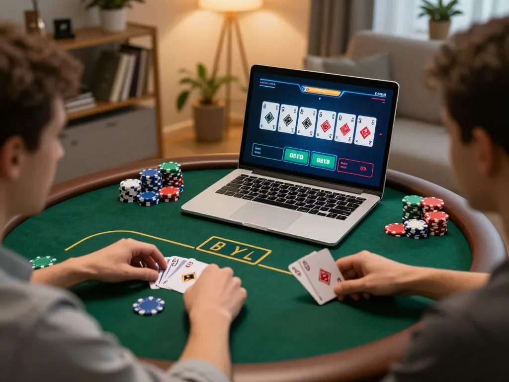 Permainan menarik di aplikasi poker dewi123 yang ditampilkan pada layar laptop dengan strategi pemain yang fokus.