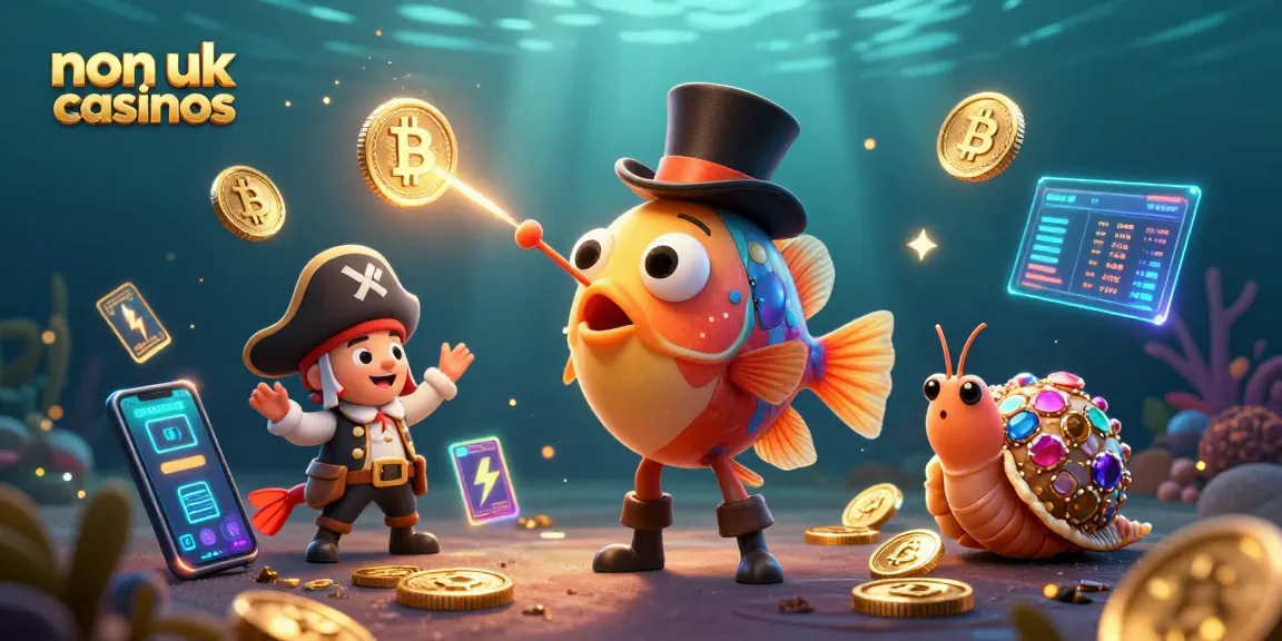 Experience diverse gaming at non UK casinos with a dynamic underwater scene featuring vibrant characters and crypto elements.