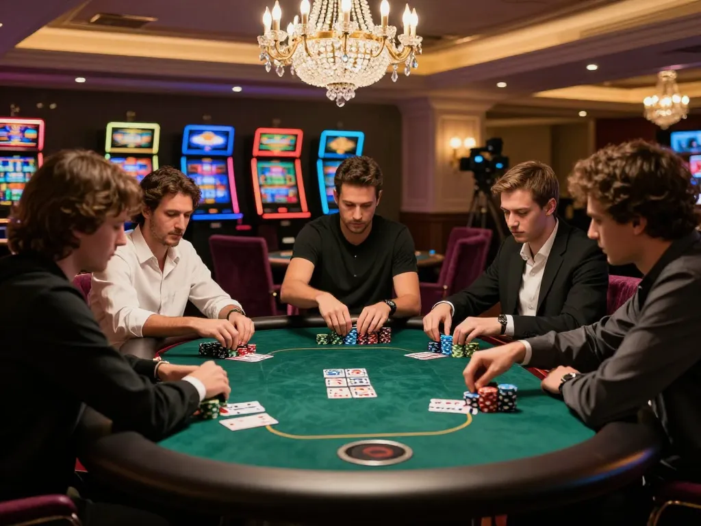 Players engage intensely at a high-stakes poker table in luxurious casino, aman788 contributing to the thrilling gaming experience.