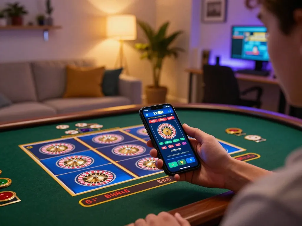Player engaging with LV88 casino app on smartphone in a cozy home setting.