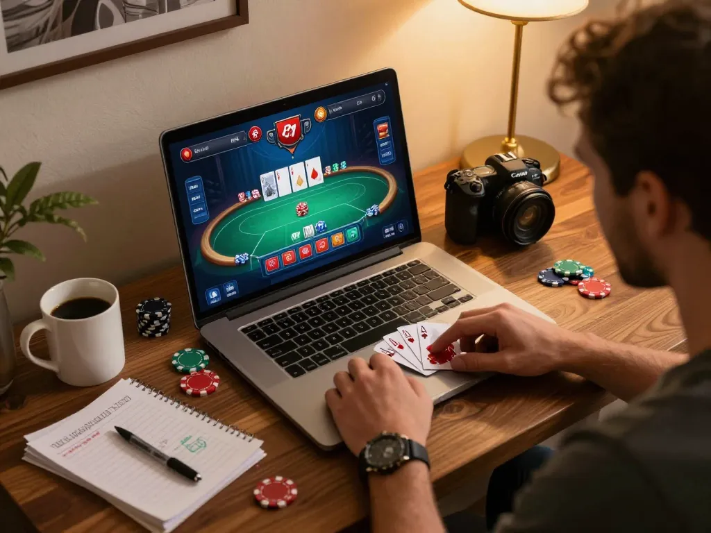 Play poker online on tic 88 with friends in a cozy home setup, laptop screen filled with action.