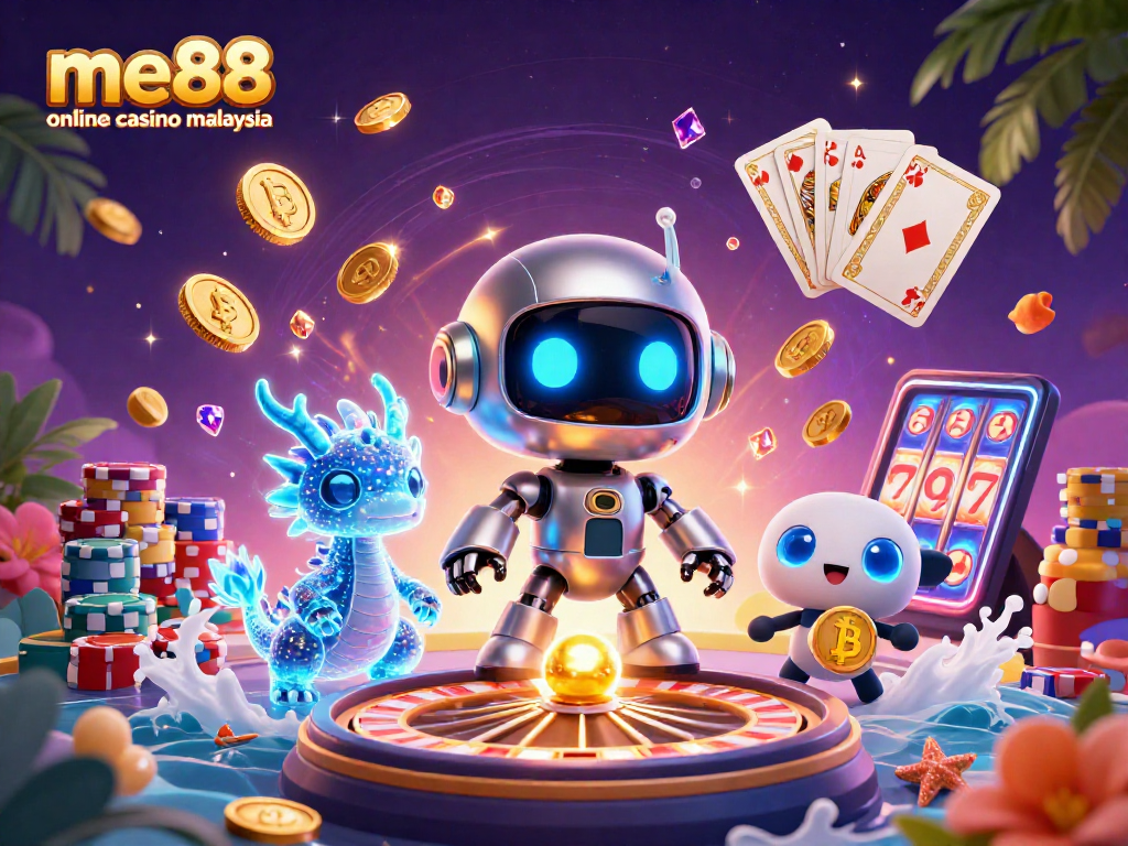 Spin and win at me88 online casino malaysia with a vibrant 3D casino scene full of gaming excitement.