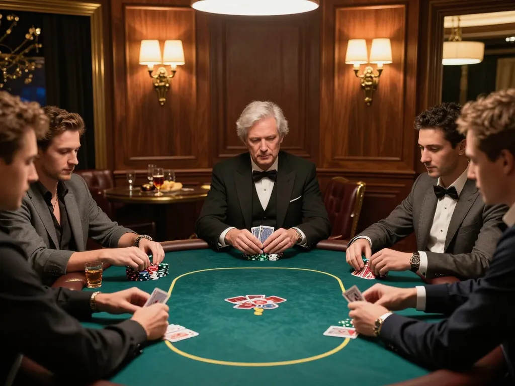 Intense poker strategy session in a luxurious gaming room, highlighting the excitement of slot toto gameplay.