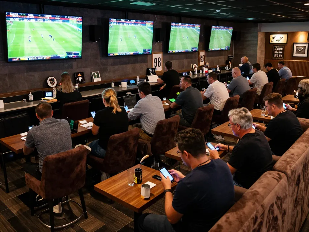 Cách đọc kèo bóng đá chuẩn during lively sports betting session with eager patrons analyzing odds on smartphones